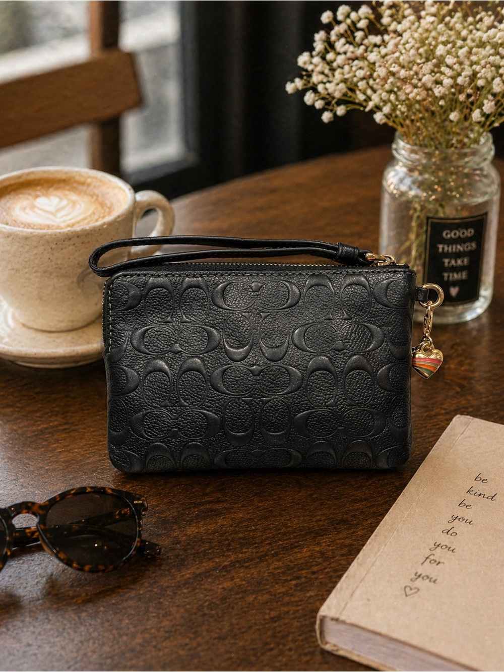 Coach Black Signature Embossed Leather Wristlet w/ Rainbow Heart Charm - Picture 2 of 4